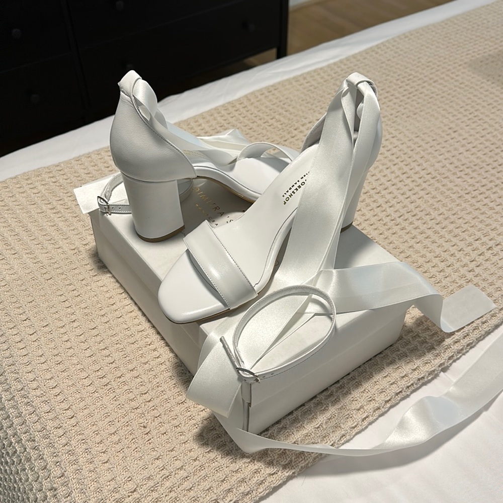 Brand New - Never Worn - In Box - White 3.5” Block Heel Ribbon Ties - Size 8